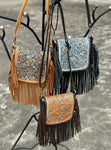 Tooling Leather Hand Carved Flap Sling Bag with Turquoise Base